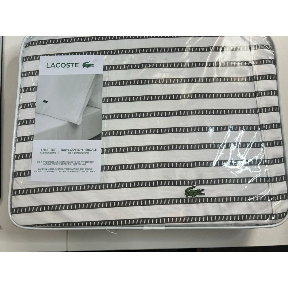 LaCoste Original Cotton Queen Size Sheet Set White/Dark Gray New